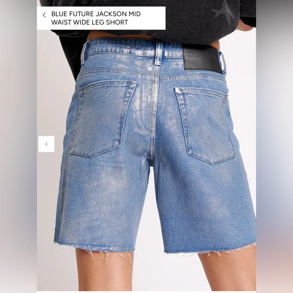 One Teaspoon Blue Future Jackson Mid Rise Silver Coated Wide Leg Denim Shorts 25
